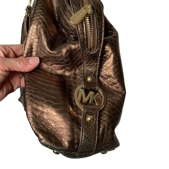 Michael Kors womens Snakeskin print Handbag Bronze Logo Gold Adorable! - Picture 6 of 15
